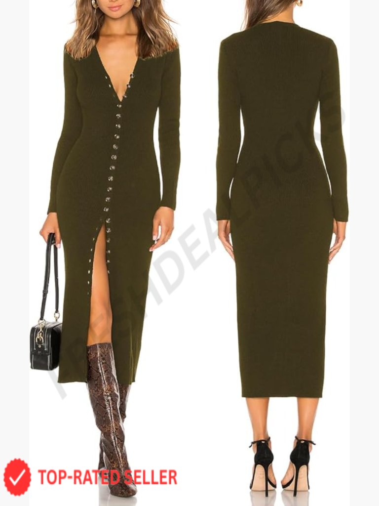 Button Down Sweater Maxi Dress Long Sleeve V Neck Bodycon Knit Cardigan Dress